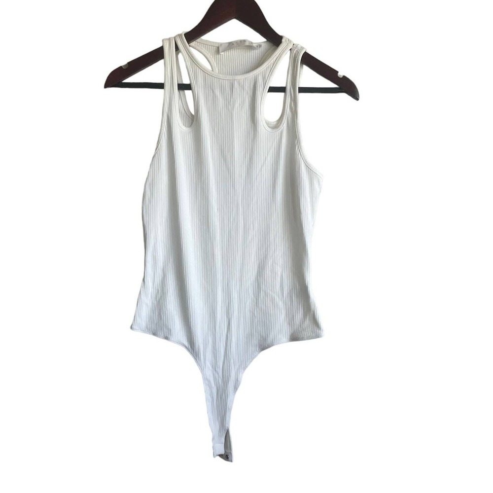 ASTR Women Bodysuit M Ivory Ribbed Cutout Y2K Neutral Festival Clubwear Top